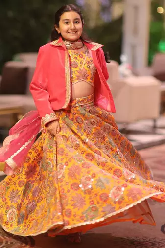 Yellow embroidered cotton lehenga set