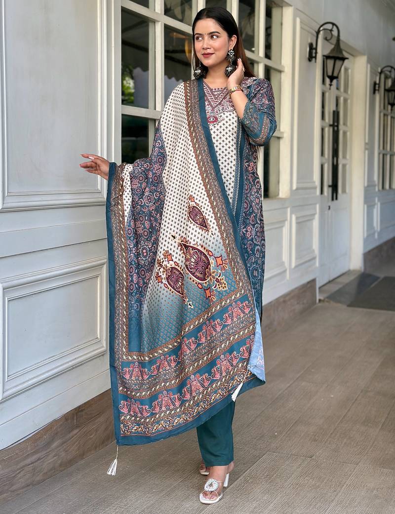 Teal women kurta pant dupatta set