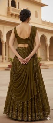 Olive Green sequin Lehenga with choli and Dupatta 2