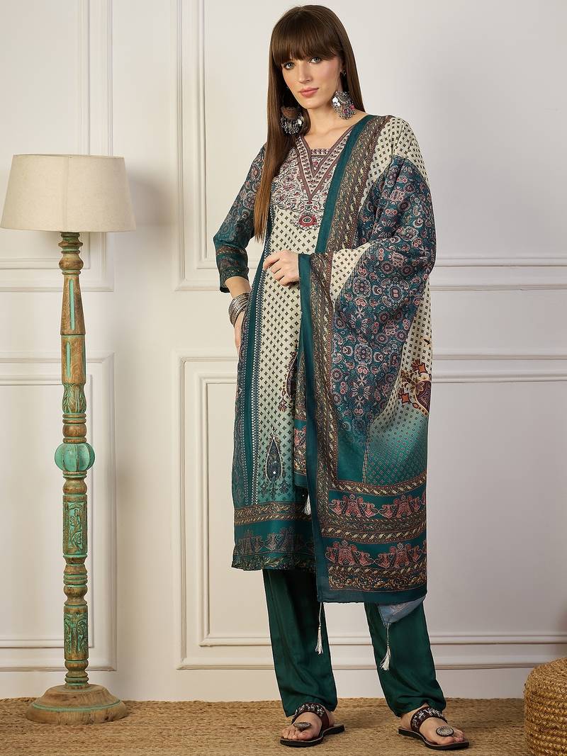 Teal women kurta pant dupatta set