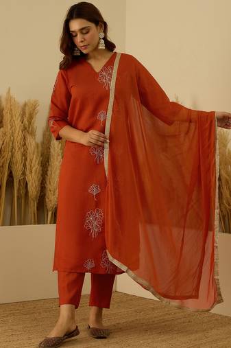 Rust women kurta pant dupatta set