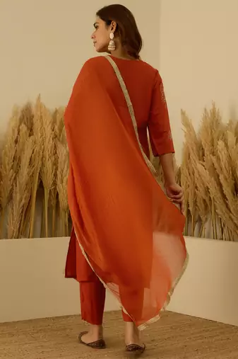 Rust women kurta pant dupatta set