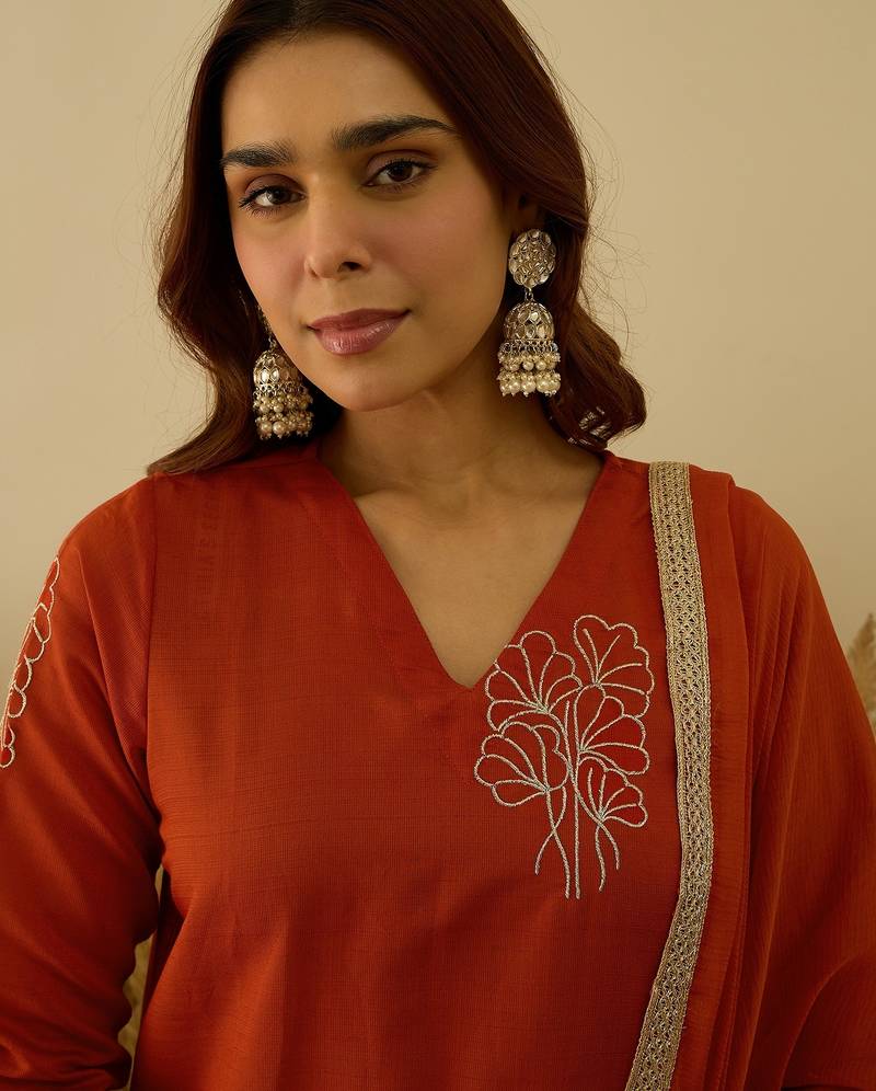 Rust women kurta pant dupatta set