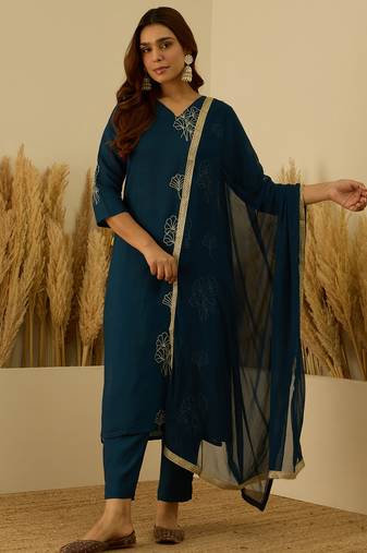 Teal-blue women kurta pant dupatta set
