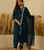 Teal-blue women kurta pant dupatta set