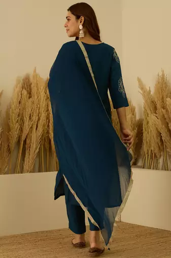 Teal-blue women kurta pant dupatta set