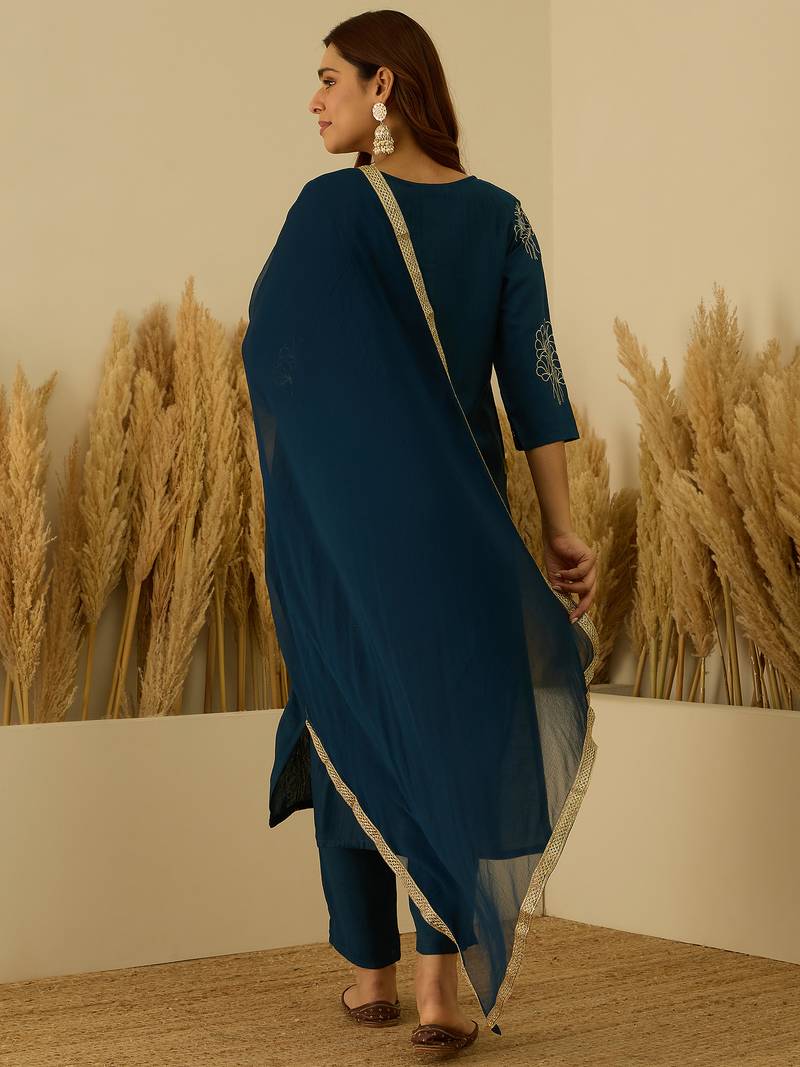 Teal-blue women kurta pant dupatta set