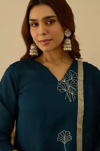 Teal-blue women kurta pant dupatta set