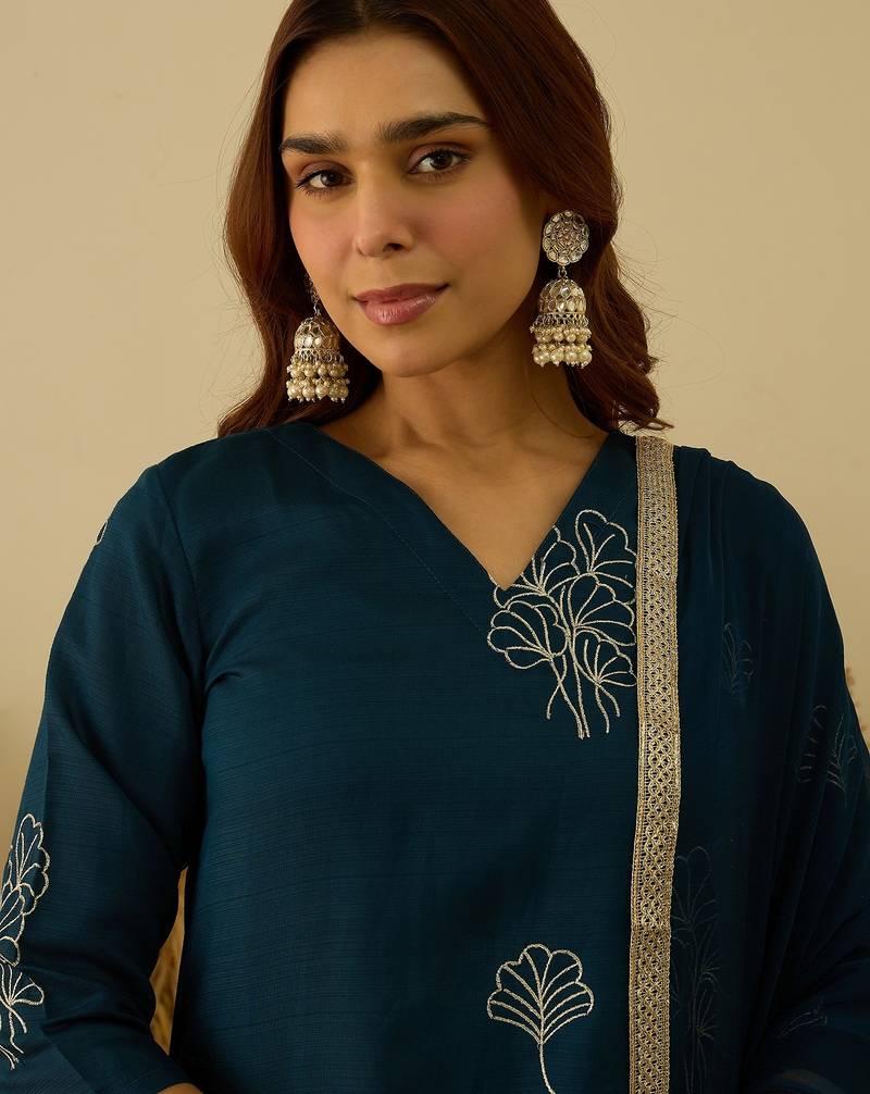 Teal-blue women kurta pant dupatta set