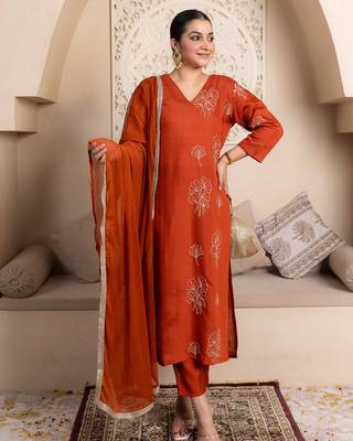 Rust women kurta pant dupatta set 1