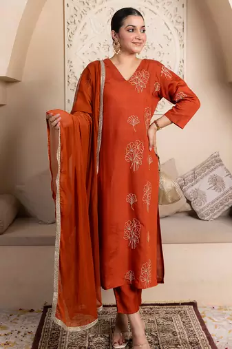 Rust women kurta pant dupatta set