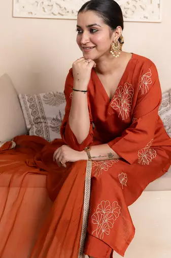 Rust women kurta pant dupatta set