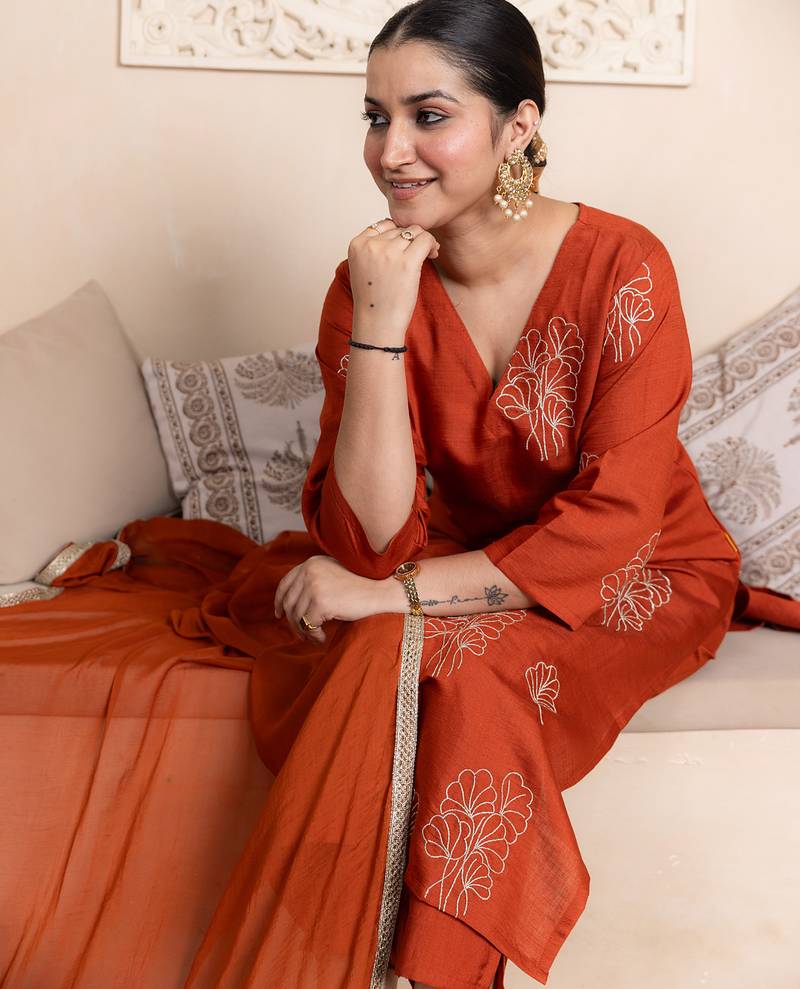 Rust women kurta pant dupatta set