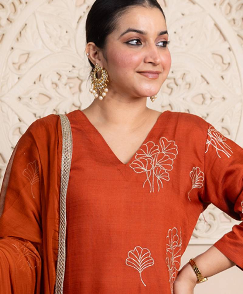 Rust women kurta pant dupatta set