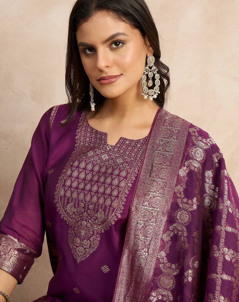 Purple women kurta pant dupatta set