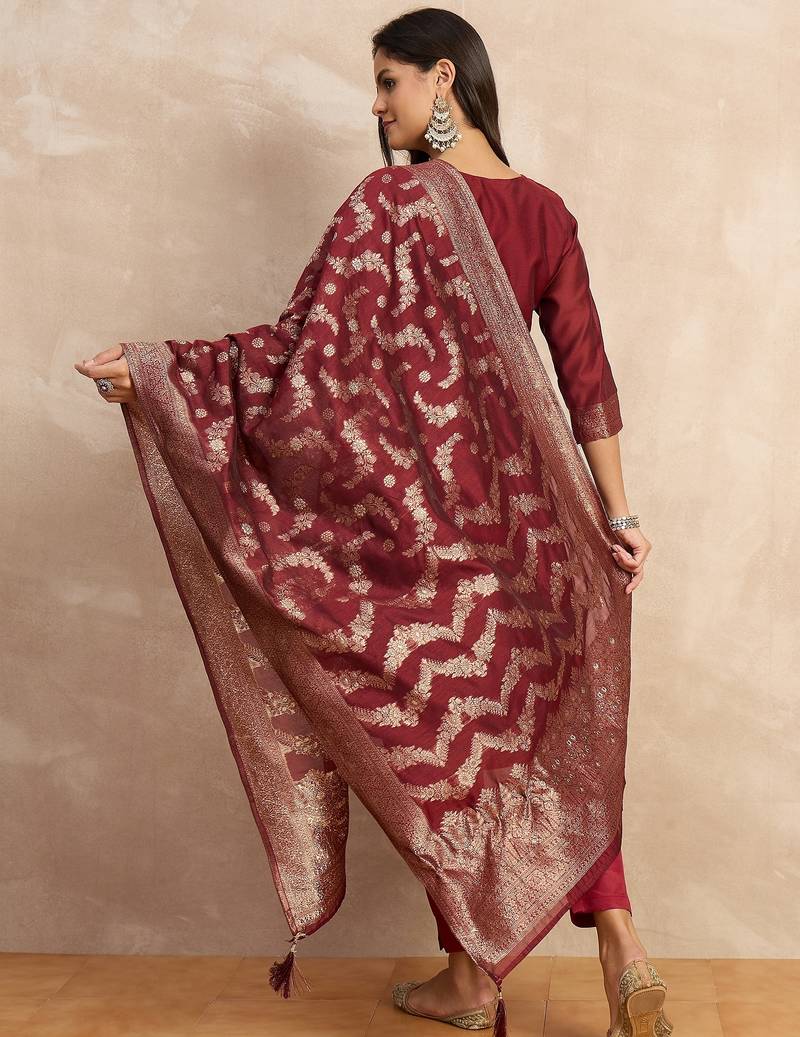 Red women kurta pant dupatta set