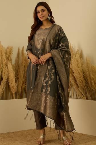 Grey women kurta pant dupatta set