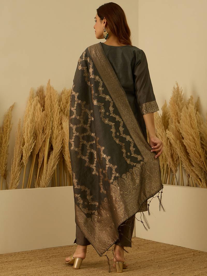 Grey women kurta pant dupatta set