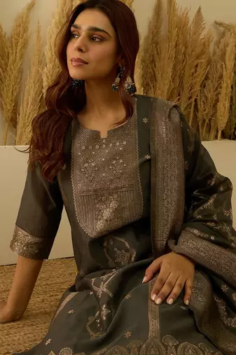 Grey women kurta pant dupatta set