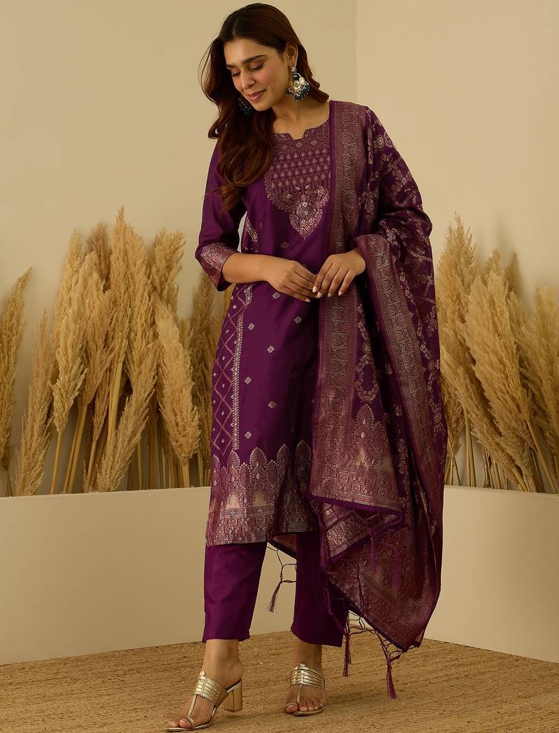 Purple women kurta pant dupatta set