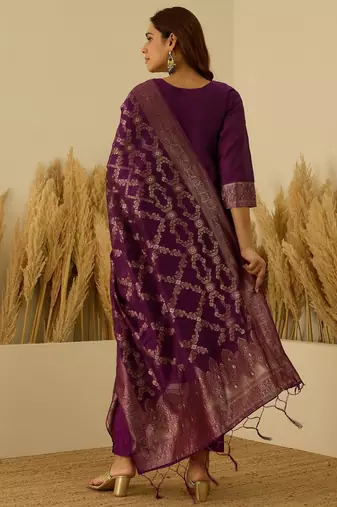 Purple women kurta pant dupatta set
