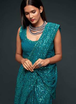 Teal blue georgette saree with thread & multiple sequins embroidery 3