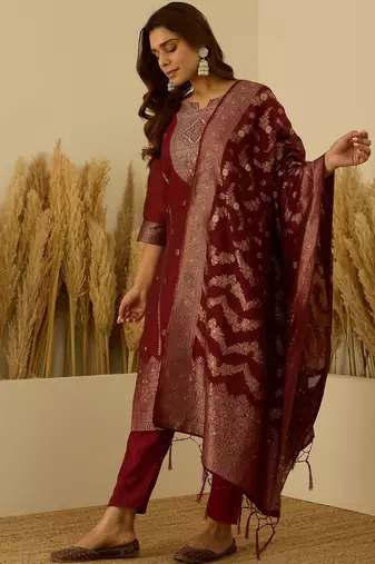 Red women kurta pant dupatta set