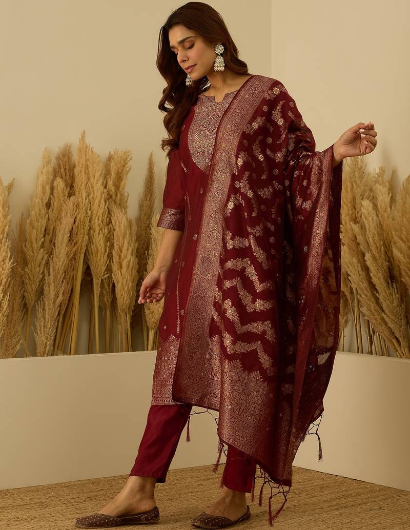 Red women kurta pant dupatta set
