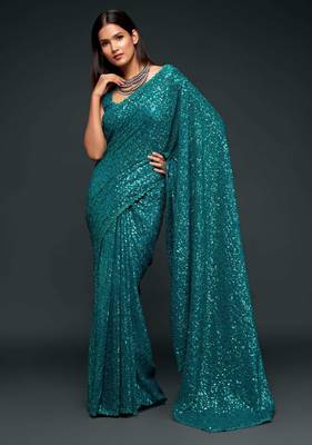 Teal blue georgette saree with thread & multiple sequins embroidery 4