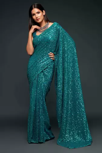 Teal blue georgette saree with thread & multiple sequins embroidery