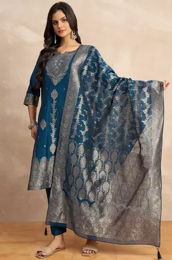 Teal-blue women kurta pant dupatta set