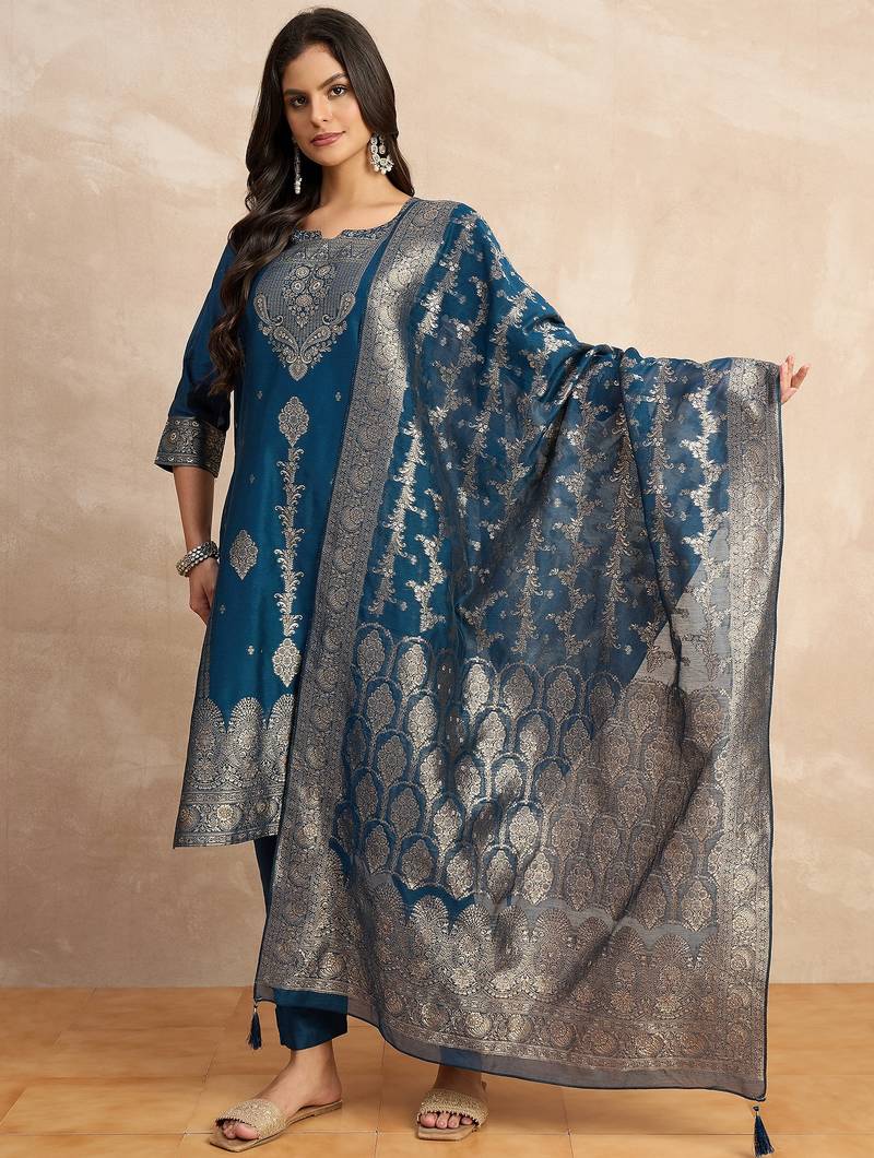 Teal-blue women kurta pant dupatta set