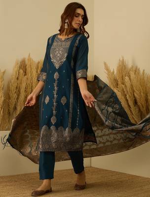 Teal-blue women kurta pant dupatta set 1