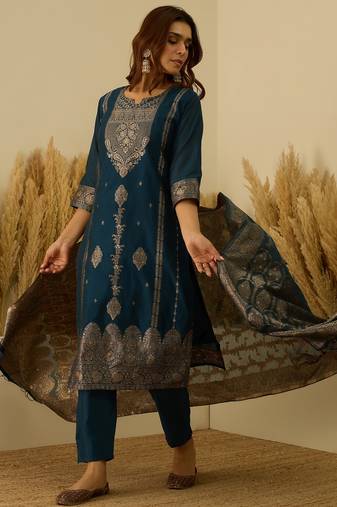 Teal-blue women kurta pant dupatta set