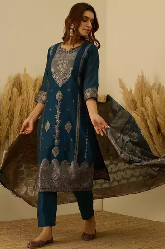 Teal-blue women kurta pant dupatta set