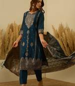 Teal-blue women kurta pant dupatta set