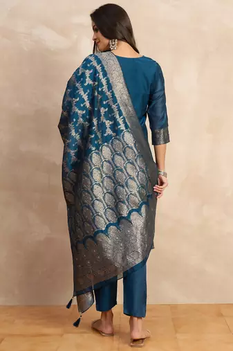 Teal-blue women kurta pant dupatta set