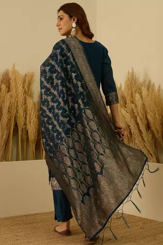 Teal-blue women kurta pant dupatta set