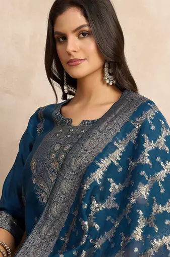 Teal-blue women kurta pant dupatta set