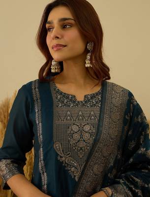 Teal-blue women kurta pant dupatta set 3