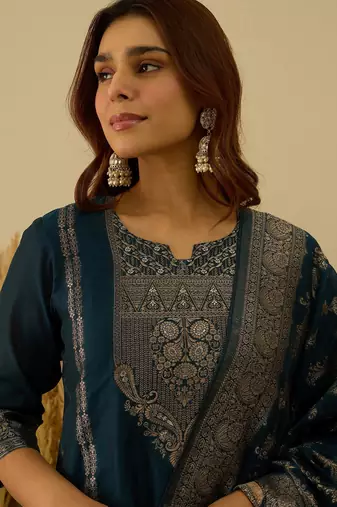 Teal-blue women kurta pant dupatta set