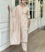 Beige women kurta pant dupatta set