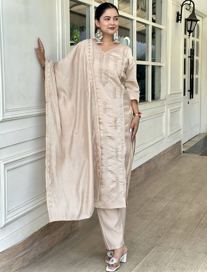 Beige women kurta pant dupatta set