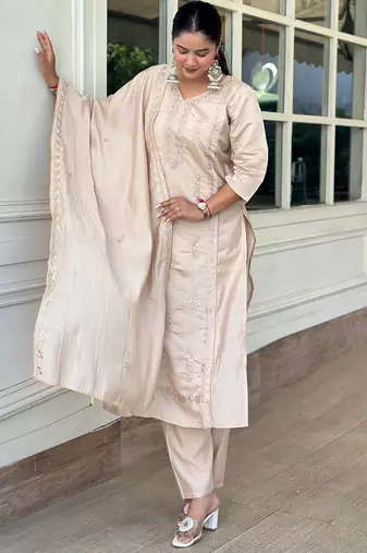 Beige women kurta pant dupatta set