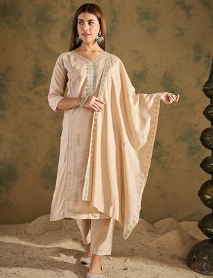 Beige women kurta pant dupatta set 1