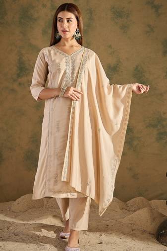 Beige women kurta pant dupatta set