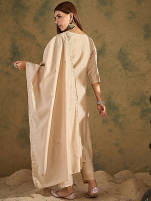 Beige women kurta pant dupatta set 2