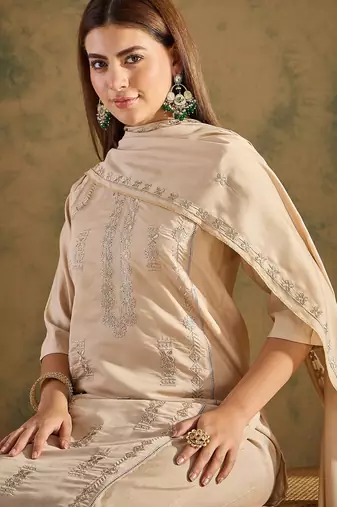 Beige women kurta pant dupatta set