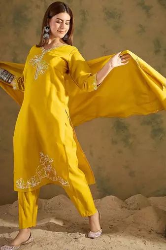 Yellow women kurta pant dupatta set