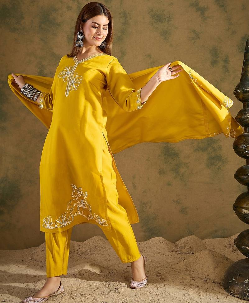 Yellow women kurta pant dupatta set
